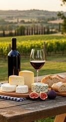 Some cheese and a glass of red wine sit on a wooden picnic table in the garden, vineyards of Tuscany in the background, Generative AI.