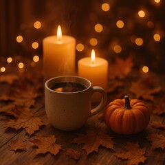 Romantic autumn images, Warm Autumnal Ambiance with Coffee and Candles.