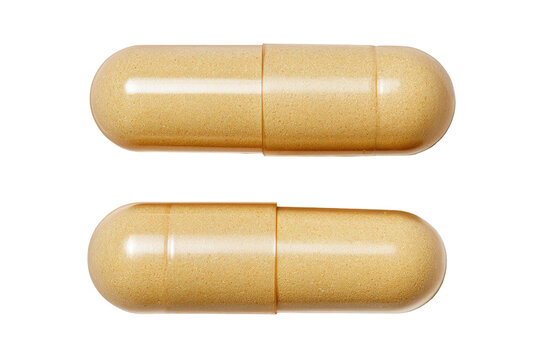 Two light beige capsules, top view