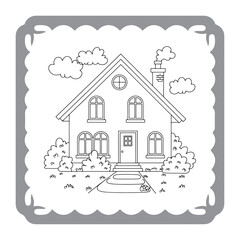 Charming House Coloring Page with Lush Garden and Whimsical Clouds Awaiting Creative Color Application for Relaxation