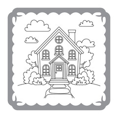 Fototapeta premium Charming House Coloring Page with Lush Garden and Whimsical Clouds Awaiting Creative Color Application for Relaxation