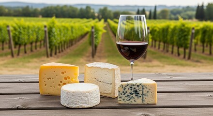 Some cheese and a glass of red wine sit on a wooden picnic table in the garden, vineyards of Tuscany in the background, Generative AI.