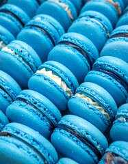 Rows of blue macarons