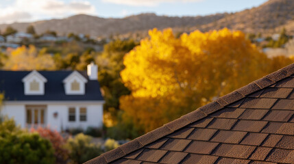 Close-up of textured brown roof shingles, golden autumn sunlight casting warm highlights, blurred house in background with fall foliage