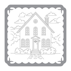 Fototapeta premium Charming House Coloring Page with Lush Garden and Whimsical Clouds Awaiting Creative Color Application for Relaxation