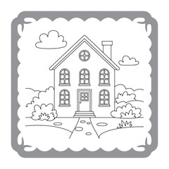 Charming House Coloring Page with Lush Garden and Whimsical Clouds Awaiting Creative Color Application for Relaxation