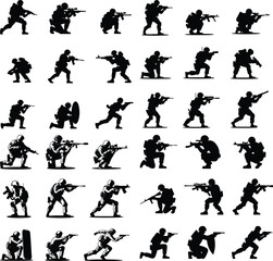 Armed Soldiers Shooting Poses Silhouette Icon Set Military Soldiers with Guns Vector Silhouette Collection