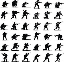 Armed Soldiers Shooting Poses Silhouette Icon Set Military Soldiers with Guns Vector Silhouette Collection