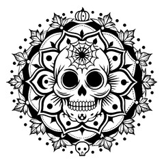 Gothic Skull Mandala with Spiderweb and Floral Design – Halloween Tattoo and Dark Art Illustration