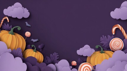 Halloween themed image with pumpkins, candy canes, lollipops, clouds, and bats on purple