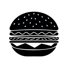 Monochrome burger illustration showcasing stacked ingredients including meat patty and cheese