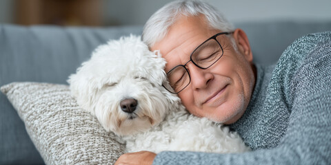Senior man sleeping peacefully with his dog on the sofa