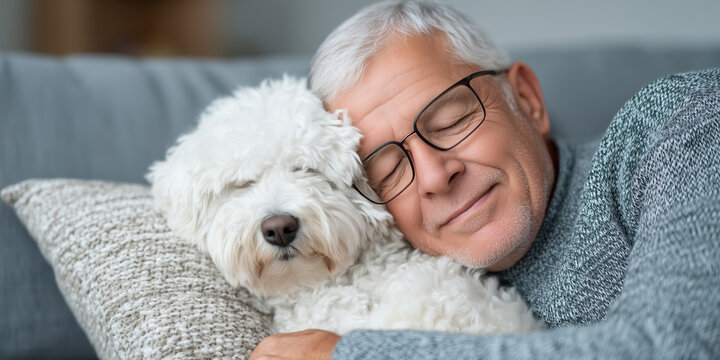 Senior man sleeping peacefully with his dog on the sofa