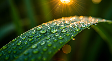 Macro shot of a green leaf with dew droplets sparkling in soft morning light