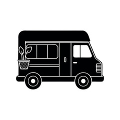 Simple black silhouette of a van with plants and windows design