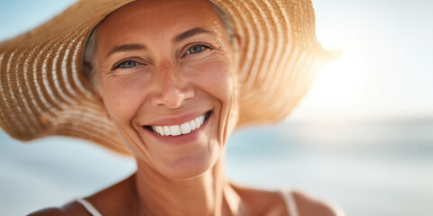 Happy senior woman wearing sun hat smiling at beach during summer vacation