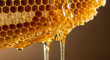 Close-up of honeycomb dripping with golden honey, macro detail
