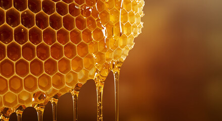 Close-up of honeycomb dripping with golden honey, macro detail