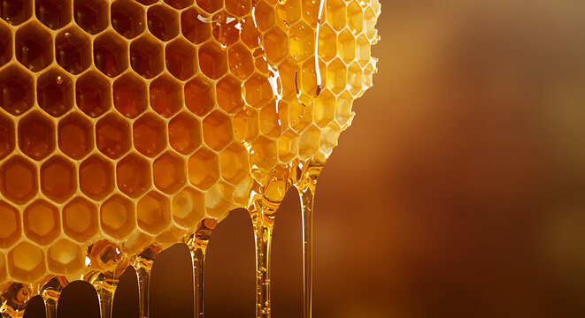 Close-up of honeycomb dripping with golden honey, macro detail