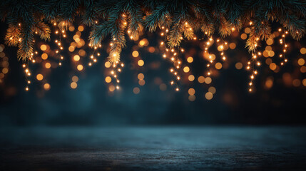 Holiday illumination and decoration concept christmas garland bokeh lights over dark blue background