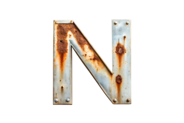 Rusty Metal Letter N isolated on white background, industrial style, vintage alphabet element for design