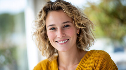 Cheerful portrait of a woman in a yellow top, her bright smile and sparkling eyes capturing warmth and confidence, bathed in gentle sunlight with clean background