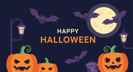Festive Happy Halloween Flat Vector Illustration with Spooky Pumpkins, Flying Bats, Full Moon, and Night Sky