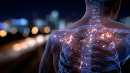 Detailed anatomical drawing of human torso, focus on spinal alignment and strained shoulder muscles, highlighted regions showing tension, visualizing musculoskeletal fatigue and di