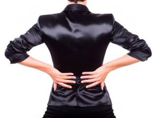 Woman in black satin blazer standing with hands on lower back, expressing discomfort or back pain, isolated on transparency background, professional attire, business concept