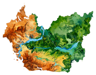 Realistic Watercolor Cameroon Map with  Nature Landscape Tones PNG.