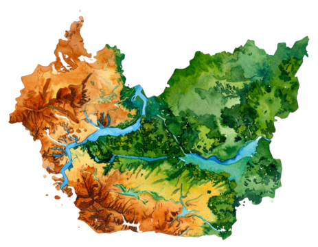 Realistic Watercolor Cameroon Map with  Nature Landscape Tones PNG.