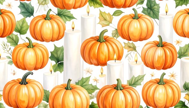 Watercolor pumpkins and candles on a white background