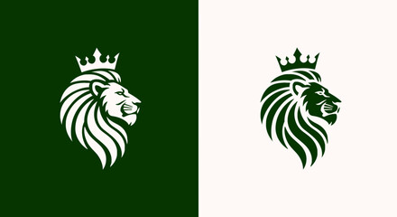 Fototapeta premium Vector illustrator of a regal lions head profile wearing a crown, depicted in dark green silhouette against a split background of dark green and white