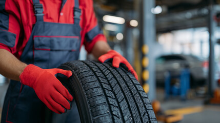 Fototapeta premium Technician wearing red protective gloves examining vehicle tire close-up, tread pattern sharp and pronounced, auto repair shop environment visible