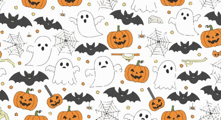 Fototapeta premium Cute Halloween seamless pattern with hand-drawn ghosts, pumpkins, bats, and spiderwebs. Spooky festive background for autumn events.