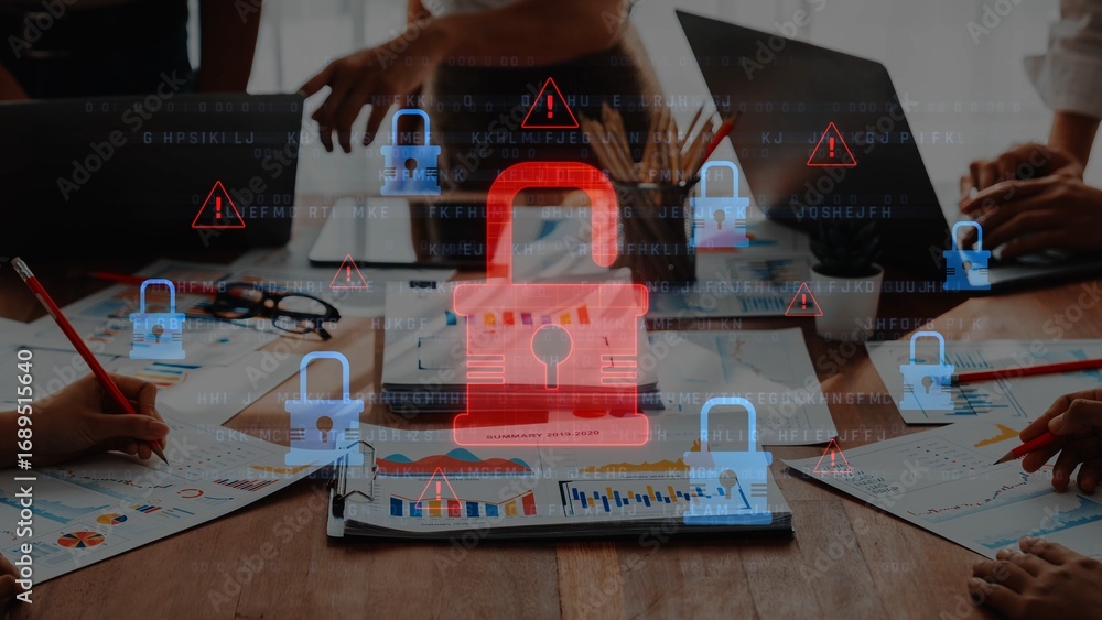 Poster a team of professionals engaged in a meeting to discuss cybersecurity strategies, with digital locks