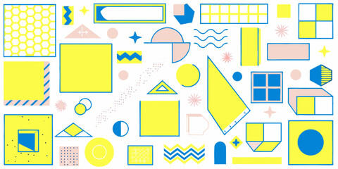 Abstract geometric shapes in bright yellow pink and blue on a white background