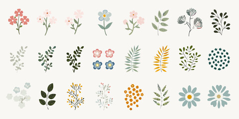 A collection of delicate hand drawn flowers and botanical elements in a soft color palette