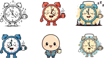 Cartoon alarm clock characters, cute wake up illustration, happy time vector, funny coffee design, bedtime drawing, sleep, morning routine, lifestyle, cartoon