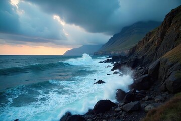Dramatic coastal cliffs meet a turbulent ocean under a brooding sky Waves crash against the rocks, creating a breathtaking seascape of power and beauty , untamed, rock formations, rocks