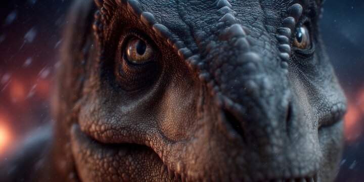 A detailed, close-up view of a dinosaur's eye, with dramatic lighting and fiery background.