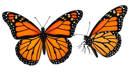 Fototapeta premium Two monarch butterflies, detailed, vibrant orange and black wings, isolated on white