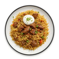 Fragrant mutton biryani paired with cool raita, richly spiced and served hot, isolated
