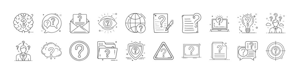 Communication and notification line icon set - Collection of thin line icons representing communication, notifications, and alerts. Includes icons of emails, messages, warning signs, question marks