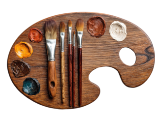 Wooden art palette with various paint colors and brushes