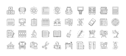 Education and school line icon set - Collection of thin line icons representing education, studying, and school life. Includes icons of books, calculators, blackboards, microscopes, rulers, notebooks,