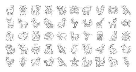 Animal line icon set - Collection of thin line icons featuring a wide variety of animals including mammals, birds, reptiles, insects, sea creatures, and farm animals. Illustrations include lions, bear