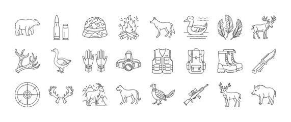 Hunting and wildlife outdoor activity line icon set - Collection of thin line icons representing hunting gear, wildlife animals, rifles, camping, boots, antlers, targets, birds, knives, and camouflage