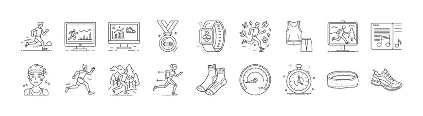 Running and fitness training line icon set - Collection of thin line icons showing running, jogging, training gear, medals, fitness apps, stopwatch, shoes, hydration, and competition.  
