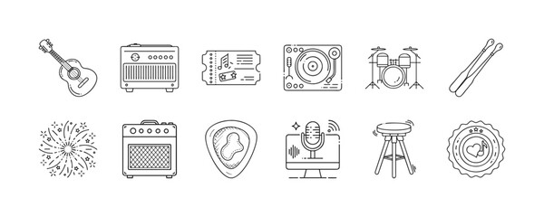 Music instruments and live concert line icon set - Collection of thin line icons showing music instruments, tickets, speakers, DJ equipment, drums, guitar, amplifier, and concert performance elements.